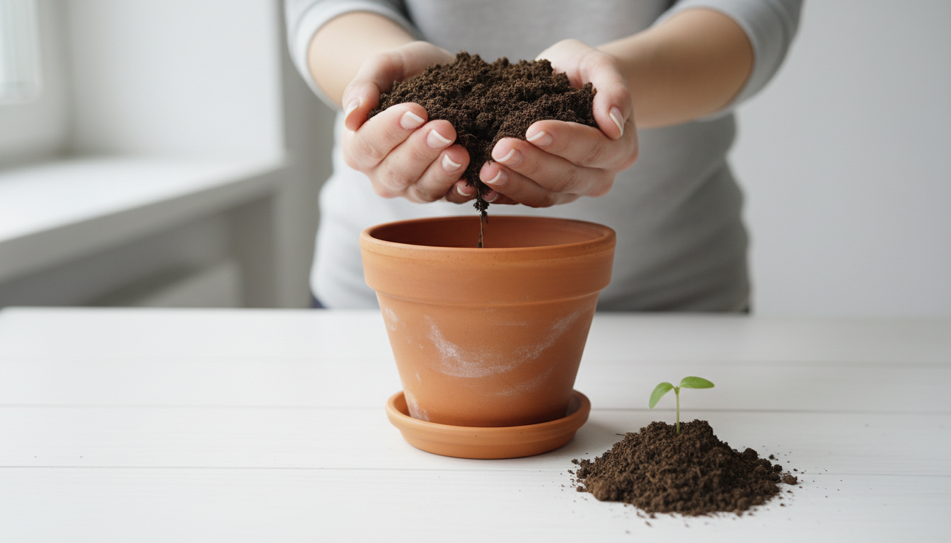 Blumenerde in den Händen über einem Blumentopf